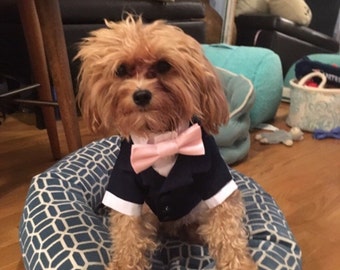 Navy Blue Wedding Dog Tuxedo/ 2 Piece Shirt and Jacket (Custom Bow Tie Colors Available)