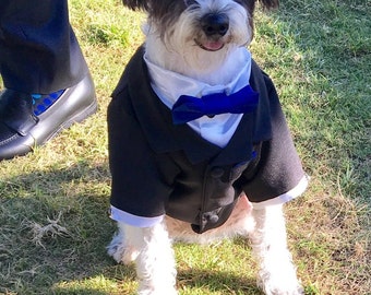 2 Piece Black Wedding Dog Tuxedo Jacket and White Satin shirt (custom color bow ties)