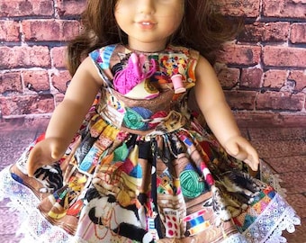 CAT KNITTING YARN 18" American Girl Doll Dress Also for Chatty Cathy with Skein of Pink Yarn Comes on Pink Hanger Handmade by Myself
