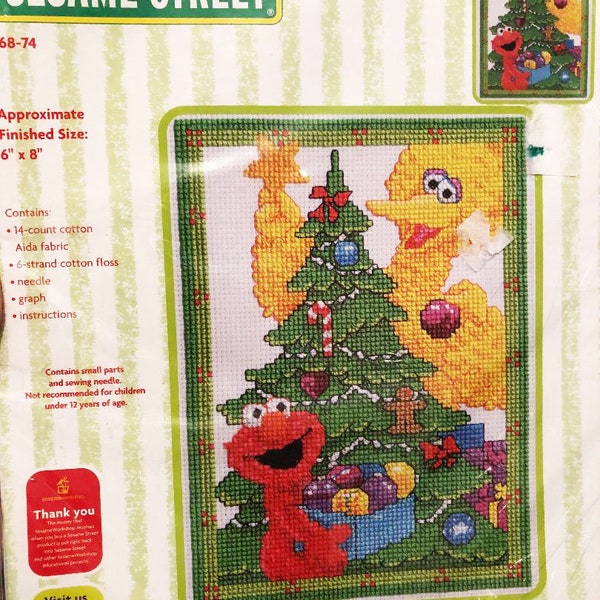 FREE D.V.D. SESAME STREET Spoofs with  Big Bird & Elmo Counted Cross Stitch Kit 6" x 8" Janlynn from 2000 Muppets Jim Henson Christmas Tree