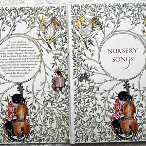 May include: A vintage children's book titled "Nursery Songs" with a decorative cover. The cover features illustrations of musical animals, including a frog playing the violin and a mouse with an accordion, surrounded by a leafy vine design.