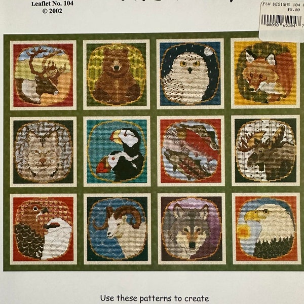 2002 The WILD LIFE NATURE Funk & Weber Cross Stitch Original Leaflet 104 Snowy Owl Lynx Sheep Red Fox Ptarmigan Eagle Moose Salmon Puffins