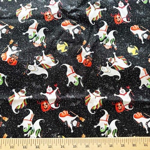 HALLOWEEN GHOSTS GLITTERY 100% Cotton Sewing Quilting Fabric Black Background with Orange Green Purple Red By the Yard Kathy Hatch C.P.30196