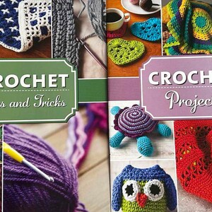 May include: Two crochet books, one titled "Crochet Tips and Tricks" and the other titled "Crochet Projects". The books feature colorful crocheted items, including a turtle, an owl, a bag, and yarn.