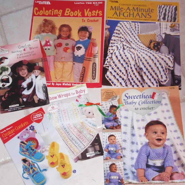 VINTAGE CROCHET LOT Mile A Minute 30 Designs, Crochet Doll & Child Hats and Purses, Sweetheart Baby, Coloring Book Vests