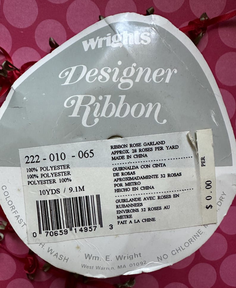 Wright Ribbon RED RIBBON ROSES by the Yard Wrights 100% Polyester Designer Ribbon ...
