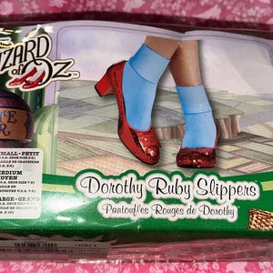 May include: A rectangular product box for Wizard of Oz Dorothy Ruby Slippers featuring an illustration of red glittery shoes with heels, light blue socks, and a character in a blue and white gingham dress holding a brown woven basket.