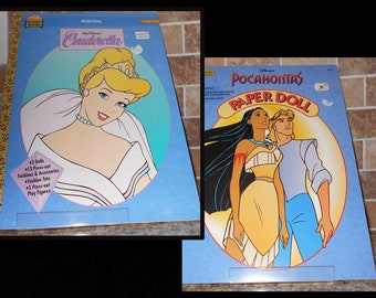 VINTAGE DISNEY POCAHONTAS & Cinderella Paper Dolls Golden Books 1990s Dolls and Fashion Outfits Uncut Books Oversized Softcover