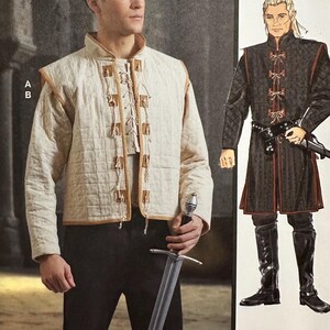May include: An image of a man wearing a cream-colored quilted jacket with brown trim and decorative ties. The jacket is paired with black pants. A drawing of a medieval-style outfit is on the right. The text "Designed and printed in USA" is visible.