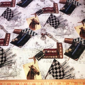 HORSE RACES D#72509 100% Cotton Fine Quilting Fabric Horses Fountain Pens Checkered Flags Keys Elegant Rich Looking Fabric By the Yard