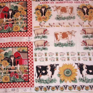 VINTAGE COW PANEL 100% Cotton Fabric by Kessler Flowers Cows Chickens Farm Concord Fabrics Large Blocks