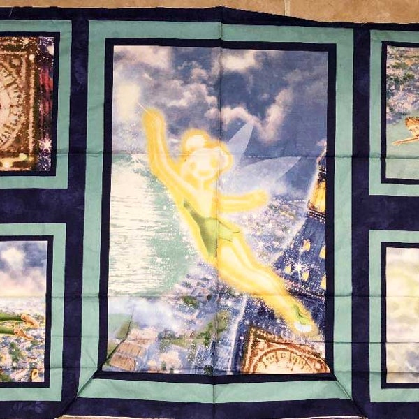 THOMAS KINKADE PETER Pan Wendy Tinker Bell Captain Hook Smee John Michael 100% Cotton Fabric Panel Out of Print 2009 Neverland