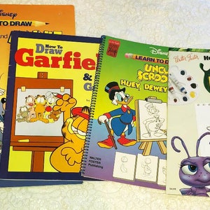 May include: Four different how-to-draw books featuring Disney characters. The books are titled "Learn to Draw Mickey and Minnie", "How to Draw Garfield and Friends", "Learn to Draw Uncle Scrooge, Huey, Dewey", and "How to Draw a Bug's Life".
