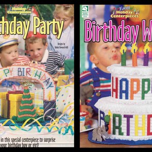 May include: Two plastic canvas craft patterns for birthday celebrations. The first pattern is a birthday party arch with a gift box and a cake. The second pattern is a birthday cake with the words "Happy Birthday" on it.