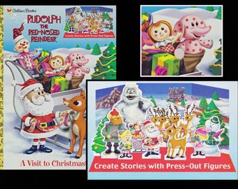 2001 Punch Out Build Scene RUDOLPH RED Nosed REINDEER Spotted Elephant - New! Create Stories with Press-Out Cardboard Figures Rare Book