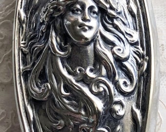 ANTIQUE ART NOUVEAU Quadtuple Plated Brush Lady's Face with Long Flowing Hair Beautiful Flowers Ornate Scrolls Floral Bristles