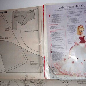May include: A sewing pattern for a Valentine's Ball Gown for a doll. The pattern includes instructions and a list of materials needed. The pattern is printed on a white background with black lines. The image also shows a doll wearing the completed gown.
