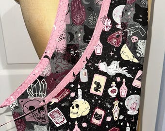 HALLOWEEN MAUVE THEMED Women's Kitchen or Craft Apron Fully Reversible with Fun Prints & Mystic Cat Miniature Puzzle in Tube