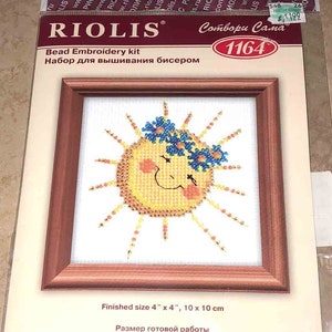 RIOLIS BEADED SUN 1164 Bead Embroidery Counted Cross Stitch Kit Lithuania 4&quot; x 4&quot; Yellow Bright Sunshine New Sealed Condition
