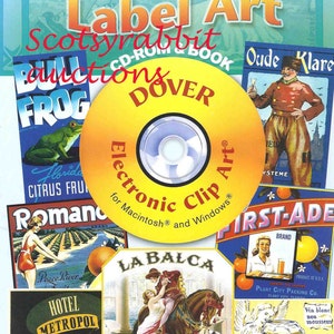 May include: A CD-ROM featuring 270 royalty-free vintage label art designs. The CD-ROM is yellow with a blue center and the text "Electronic Clip Art" in a white circle. The CD-ROM is surrounded by various vintage label designs, including a frog, a woman in a swimsuit, a man on a horse, and a bottle of wine.