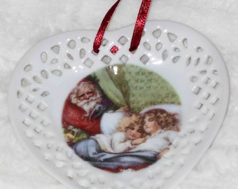 Vintage Porcelain VICTORIAN SCENE Santa Claus Watching Sleeping Girls Heart Shaped Ornament