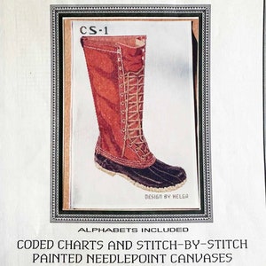 May include: A printed needlepoint canvas titled "Chris' Boot" for a Christmas stocking. The image features a detailed illustration of a red and brown boot with a lace-up design. The design is by Helga, 1988.