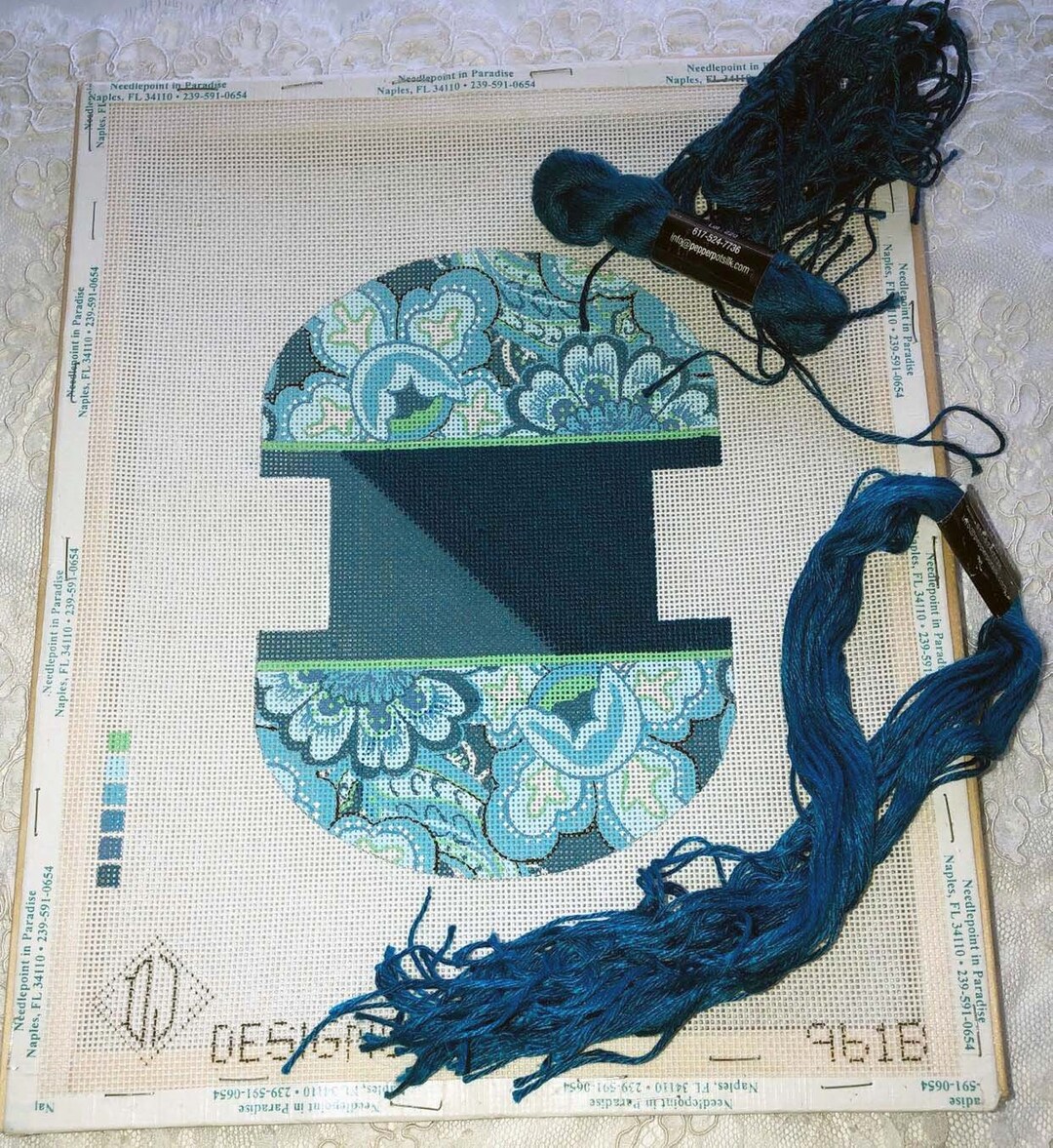 BLUE HAND PAINTED Partially Started 18 Count Needlepoint Canvas Shades