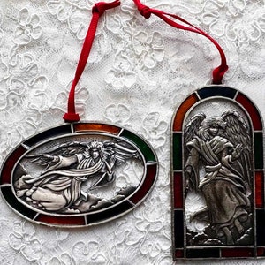 2 VINTAGE PEWTER? METAL Stained Glass Angel Ornaments Oval and Window 2 Sides Beautiful Ornaments