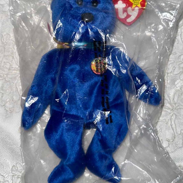 1998 SEALED BLUE CLUBBY Official Club Beanie Babies Royal Blue Color with Multi Colored Ribbon around neck Mint Adult Owned