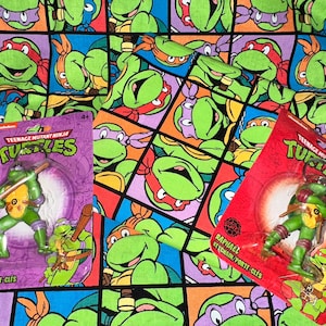 May include: Two Teenage Mutant Ninja Turtles keychains on a colorful patterned background. One keychain features Donatello, the other Raphael. The background is a repeating pattern of the turtles' faces.