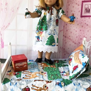 RUDOLPH Red NOSED REINDEER Christmas Morning 18&quot; American Girl Doll Size Quilt Bedding Nightgown Pillow Case Metal Box P.V.C. Bumble Figure