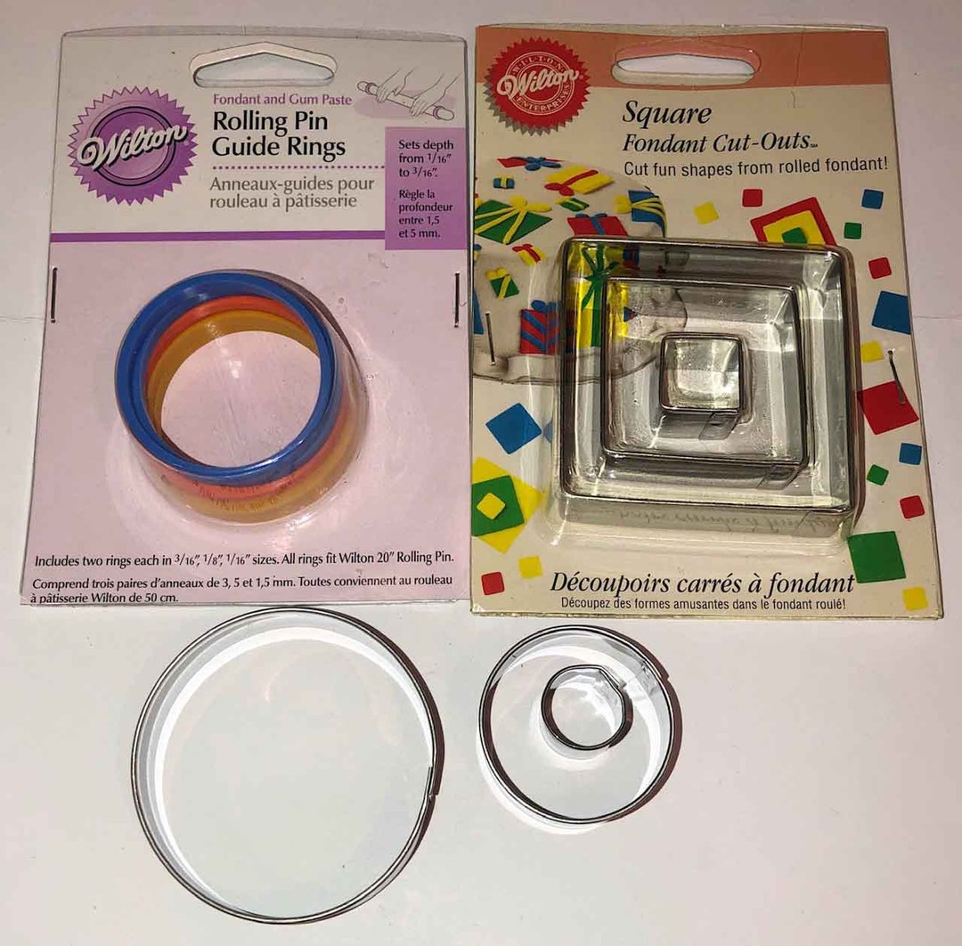 Wilton Brand SQUARE SET Fondant Cut Outs Straight Edge & Rolling Pin