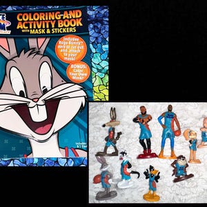 May include: A coloring and activity book featuring Bugs Bunny from Space Jam: A New Legacy. The book includes a mask and stickers. The cover features a cartoon illustration of Bugs Bunny with a blue and orange background.