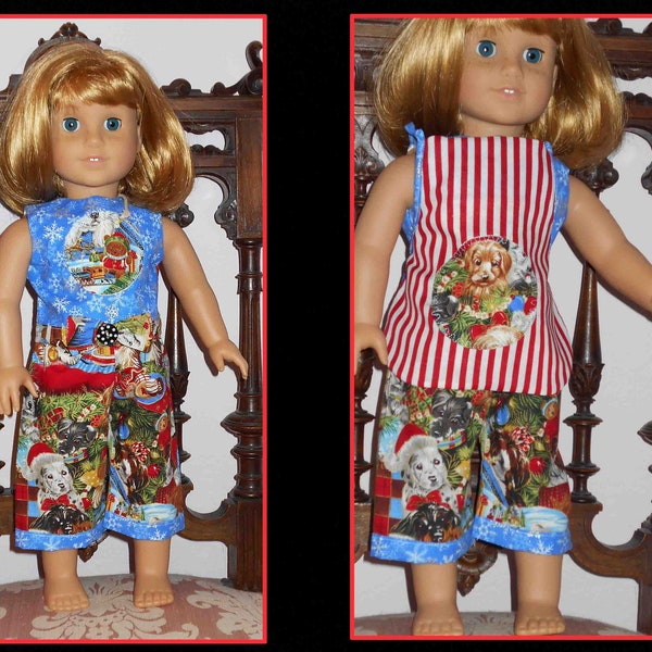 CHRISTMAS GLITTERY DOGS 3 Piece Outfit for 18" American Girl Doll and Like Sizes Fully lined blouse and apron along with pair of pants