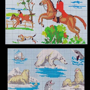 May include: Cross-stitch pattern featuring two scenes. The top scene shows a red-coated rider on a brown horse jumping over a fence, with a dog running in the background. The bottom scene shows a polar bear walking on ice, a walrus swimming in the water, and two dolphins jumping out of the water.