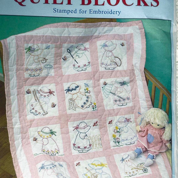 SUNBONNET NURSERY STAMPED Quilt Blocks for Embroidery Twelve (12) 9" x 9" Made of Poly/cotton broadcloth Easy Instructions Ink Washes Out