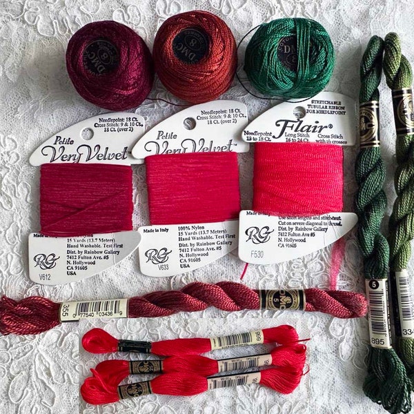 MIXED LOT NEEDLEPOINT Fibers Rainbow Gallery Very Velvet Flaire D.M.C. #8 Balls Pearl Cotton #5 and D.M.C. 3 Skeins 666 Red Cotton Floss