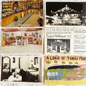 May include: A collection of vintage postcards. One shows a shop interior with shelves of figurines and the text "Pennsylvania Dutch Gift Haus." Another depicts a bakery with Christmas decorations. Other cards feature text like "Elsie and Elmer" and "A Load of Tanks Folks."