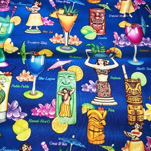 1 YARD 18 INCHES Tropical HAWAIIAN Drinks Hurricane Hula Girl Mai Tai Shark&#39;s Tooth Tahitian Sunset Kini Pop  Blue Lagoon  Great White