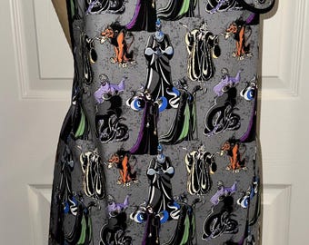 DISNEY VILLAINS WOMEN'S Kitchen or Craft Apron Fully Reversible With Disney Villains Fabric & New Hardbound Book on The Evilest of Them All