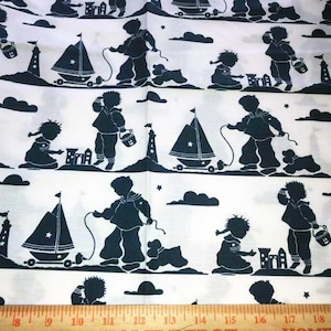May include: White fabric with a repeating pattern of black silhouettes of children playing on the beach. The children are holding buckets, building sandcastles, and playing with sailboats. The fabric has a nautical theme.