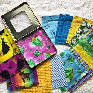 RARE WIZARD of OZ Tin Limited Edition Quilting Treasures Charm Tin of 30 Assorted 5&quot; x 5&quot; 100% Cotton Charm Squares Handbag Pattern