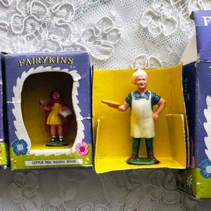 3 Vintage LOUIS MARX FAIRYKINS Plastic Figures in Boxes Little Red Riding Hood, Little Bo Peep and Pie Man from 1960s
