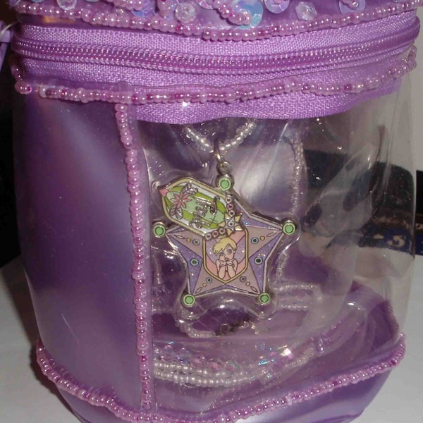 DISNEY TINKER BELL Older Disney Store Regal Jeweled Bag with Hidden Secret Charm Necklace and Bracelet Beaded Bag Tink Tinkerbell