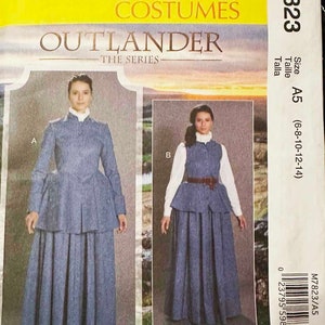 May include: A McCall's sewing pattern for a costume from the TV series "Outlander". The pattern is for sizes 6-8-10-12-14 and includes two different styles of dresses. The pattern is printed on a white background with a yellow border.