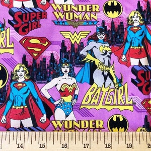 BATGIRL WONDER WOMAN D.C. Comics 100% Cotton Sewing Quilting Fabric By the Yard Pinkish Purple Background