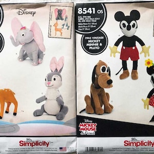 May include: Two vintage Disney sewing patterns. The left pattern is for making plush toys of Dumbo, Bambi, and Thumper. The right pattern is for making plush toys of Mickey Mouse, Minnie Mouse, and Pluto. Both patterns are from Simplicity and feature the Disney Mickey Mouse and Friends logo.
