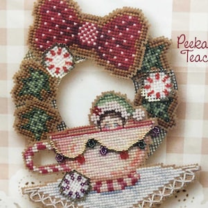 BROOK&#39;S TEATIME with Mrs. CLAUS An Elf Babies Collection Ornament Peekaboo Teacup with Metallic Gold  perforated paper and Glass Beads