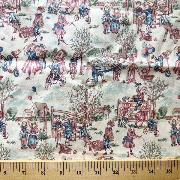 MAUVE BLUE NOSTALGIC Children Remnant 100% Cotton Quilting Fabric 14" plus cut off section Small Projects