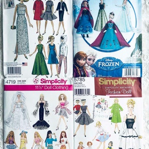 May include: Four different Simplicity sewing patterns for 11 1/2 inch dolls. The patterns include a variety of outfits, including a wedding dress, a black gown, a plaid dress, and a green dress. The patterns also include a variety of accessories, such as a hat, a purse, and a scarf.